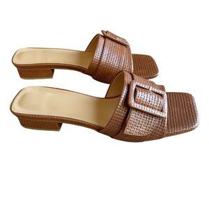 POYOIOR Brown Woven Heel Slide Sandals Open Square Toe Buckle 7.5